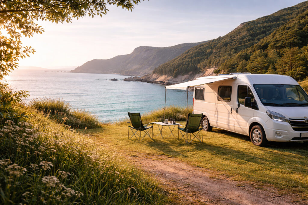 Camper am Abend am Stellplatz an der Küste