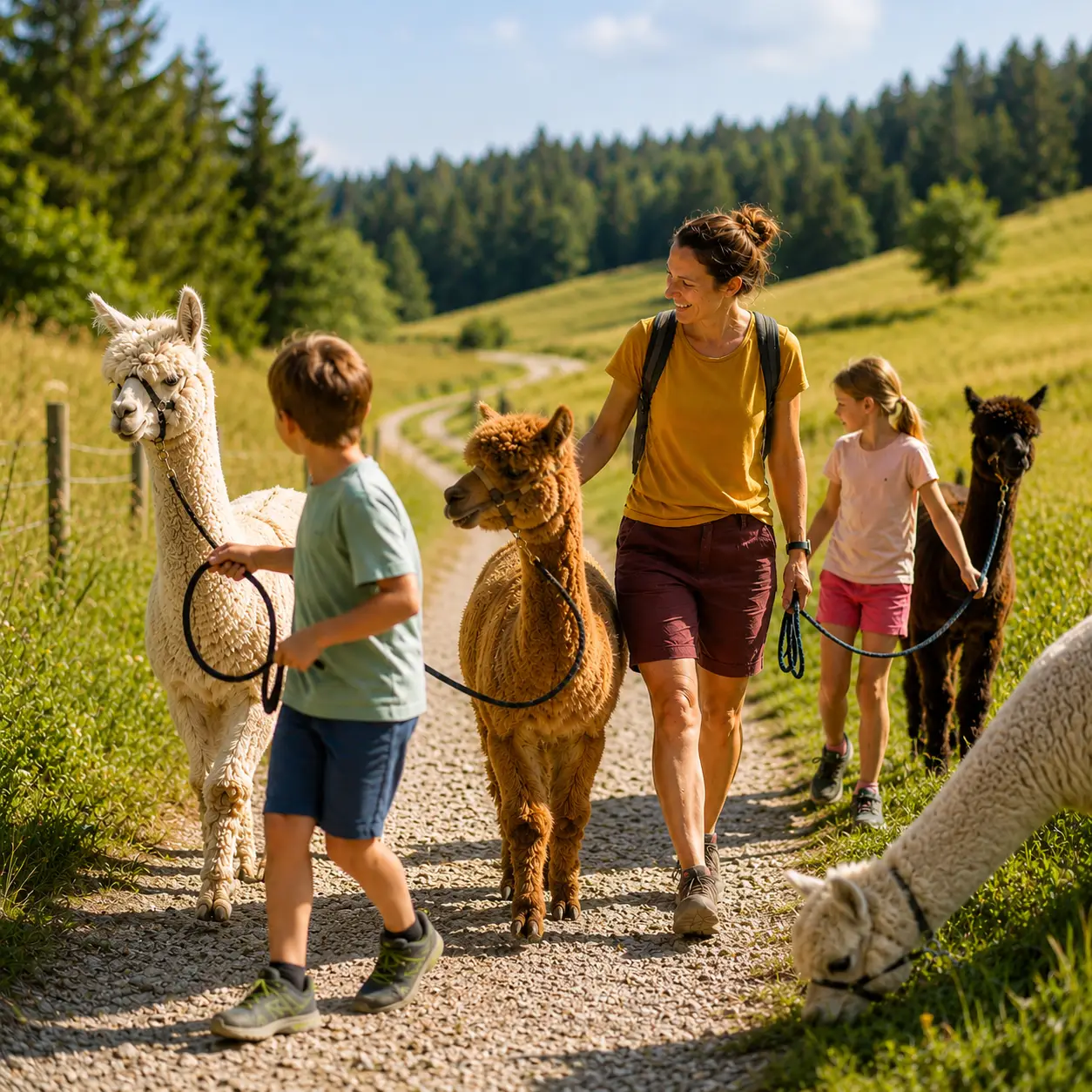 Familie bei einer Alpakawanderung in den Bergen
