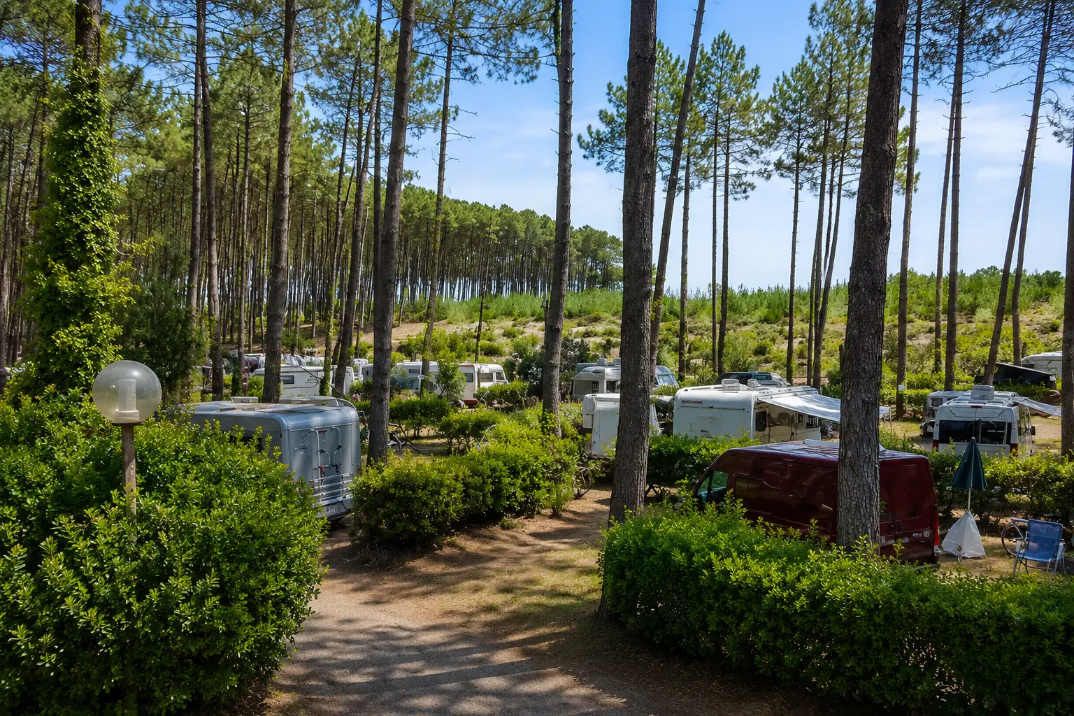 Campingplatz zwischen hohen Kiefern in Frankreich