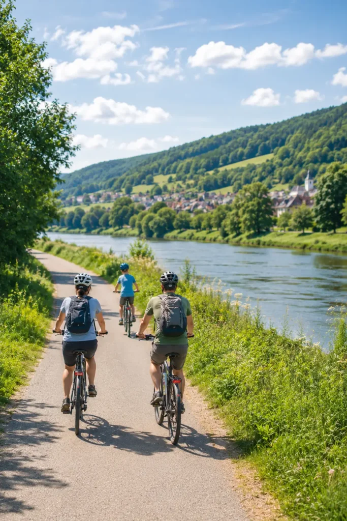 Familie bei einer Fahrradtour entlang eines Flusses