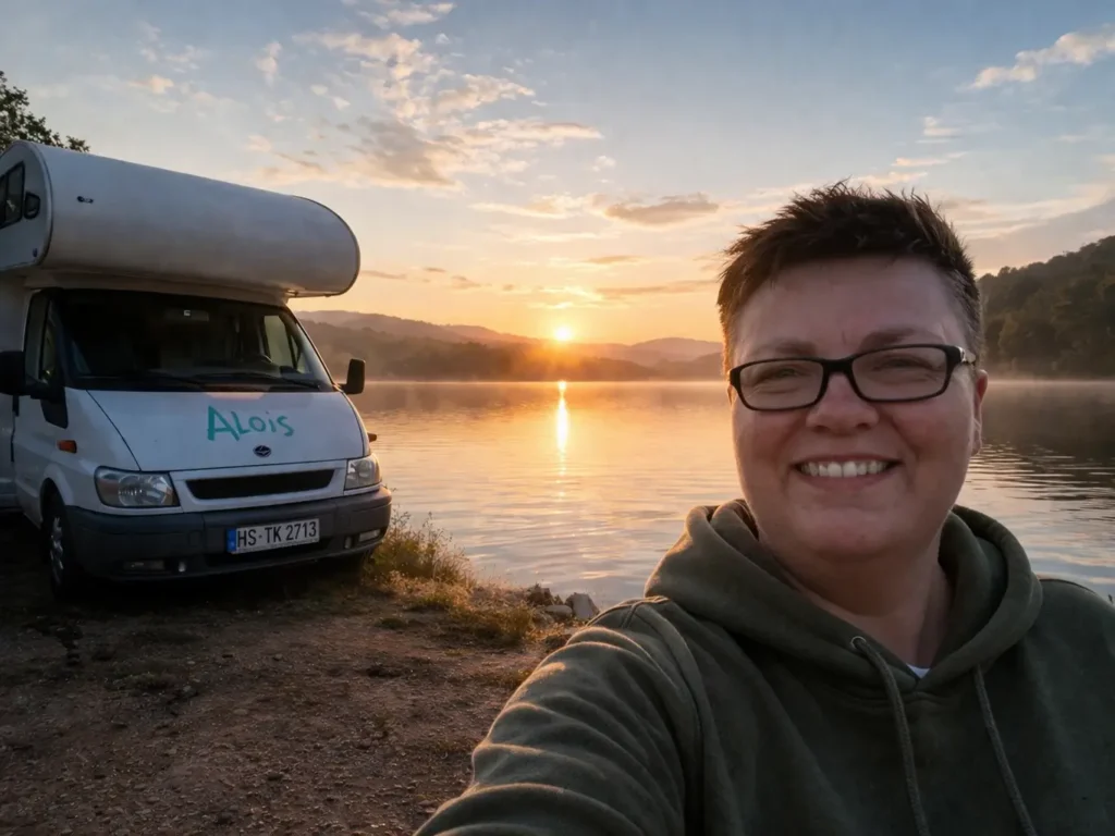 Heidi vor einem Wohnmobil bei Sonnenuntergang