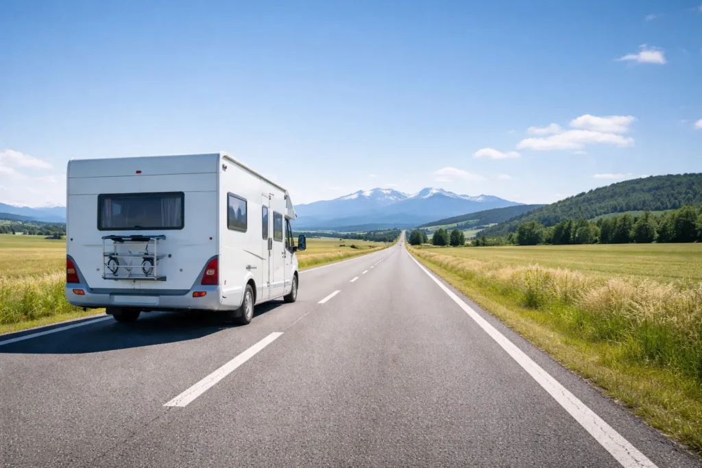 Wohnmobil mit Blick auf eine weite Berglandschaft