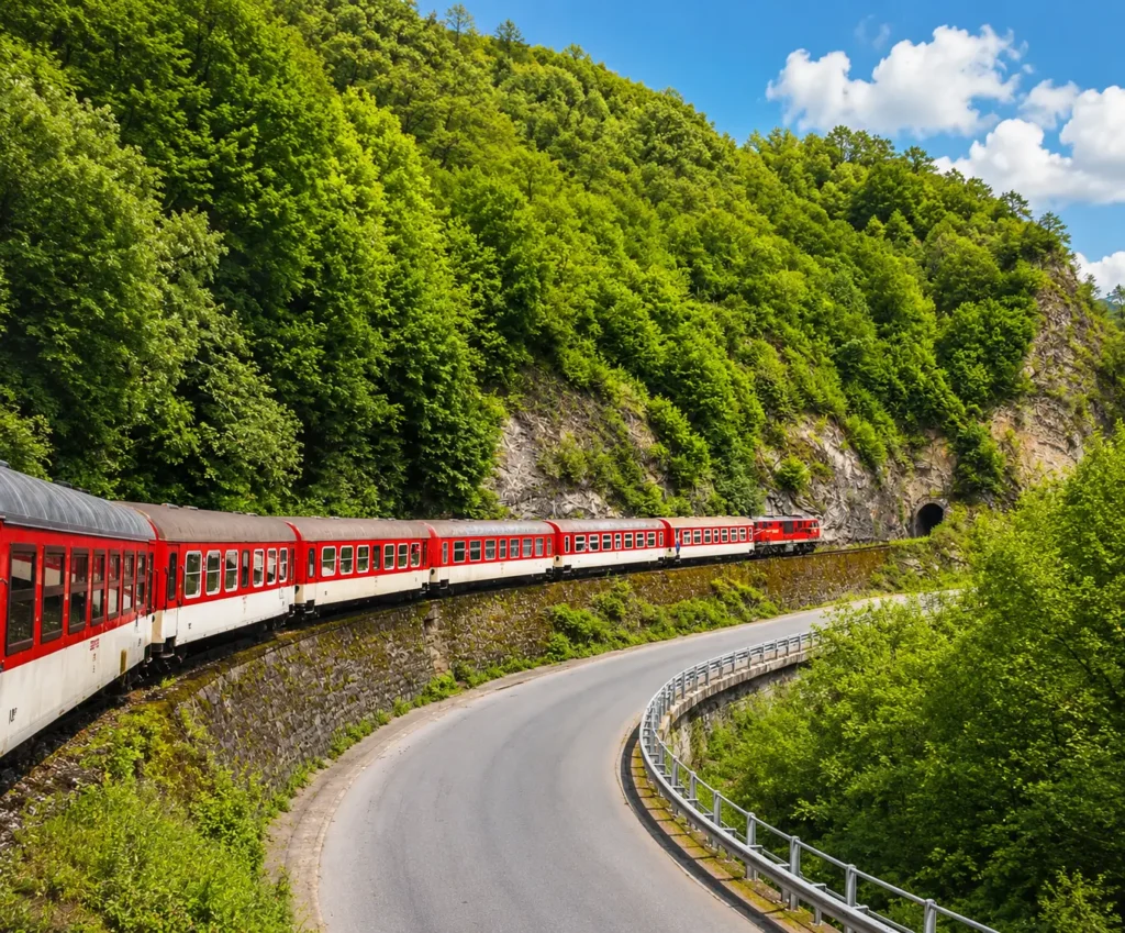 Zug der Rhodopen-Bahn in einer grünen Berglandschaft