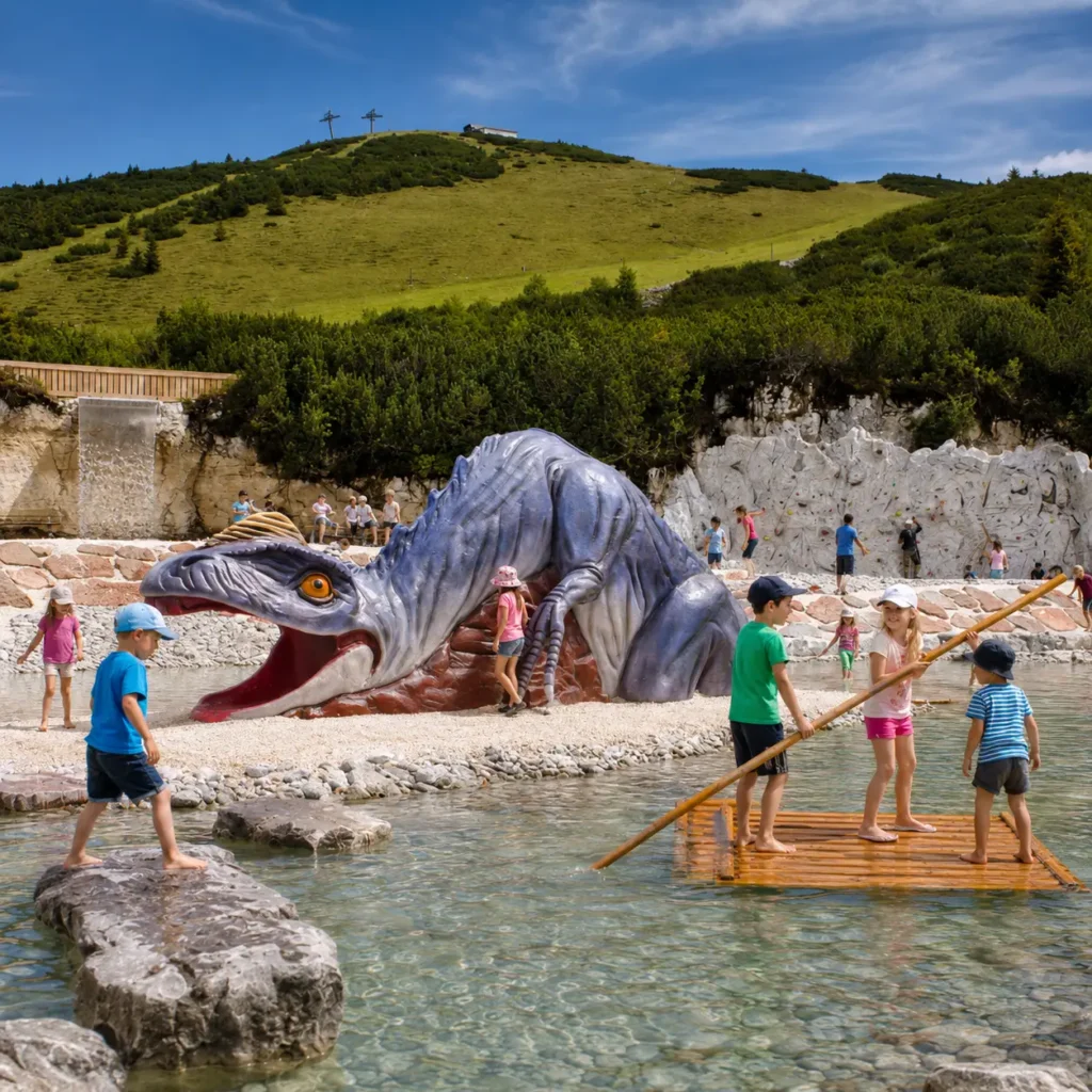 Kinder auf einem Spielplatz mit Dinosaurierfigur
