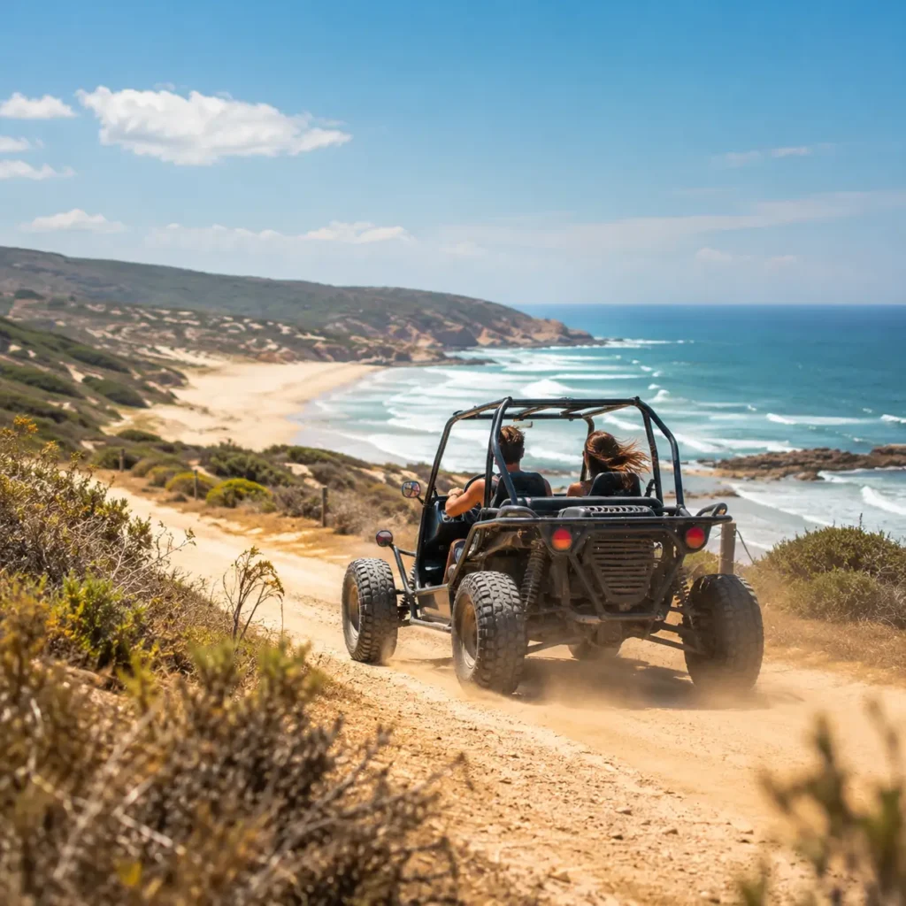 Strandbuggy mit Blick auf eine Küste