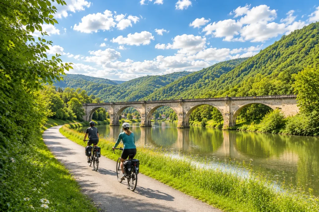 Radfahrer auf einer Brücke in den Ardennen