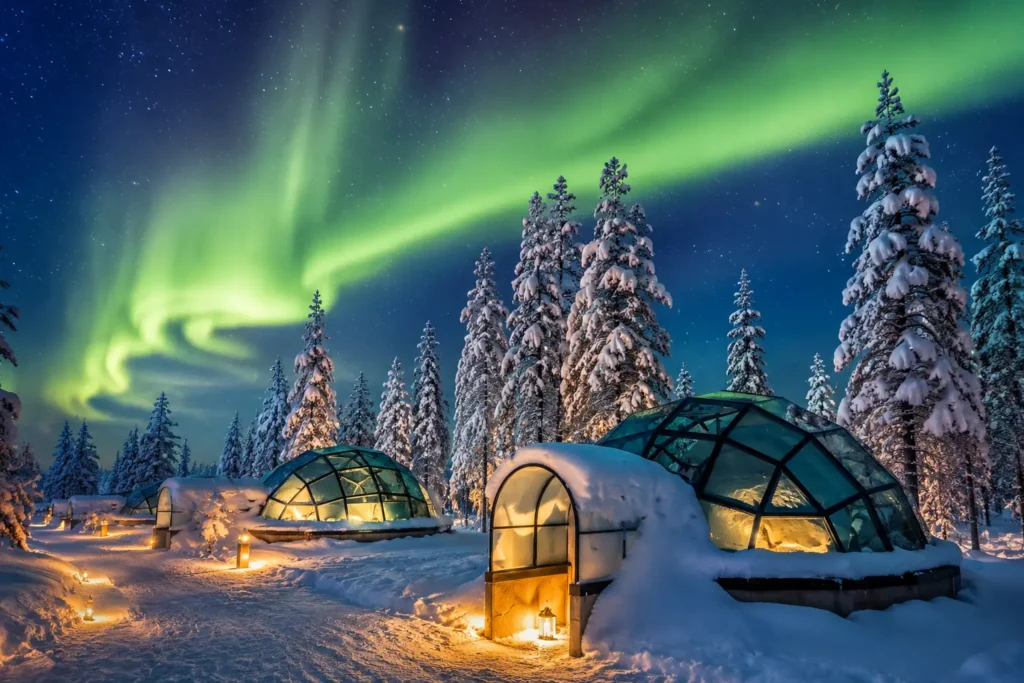 Ein Iglu Dorf in Finnland unter Polarlichtern