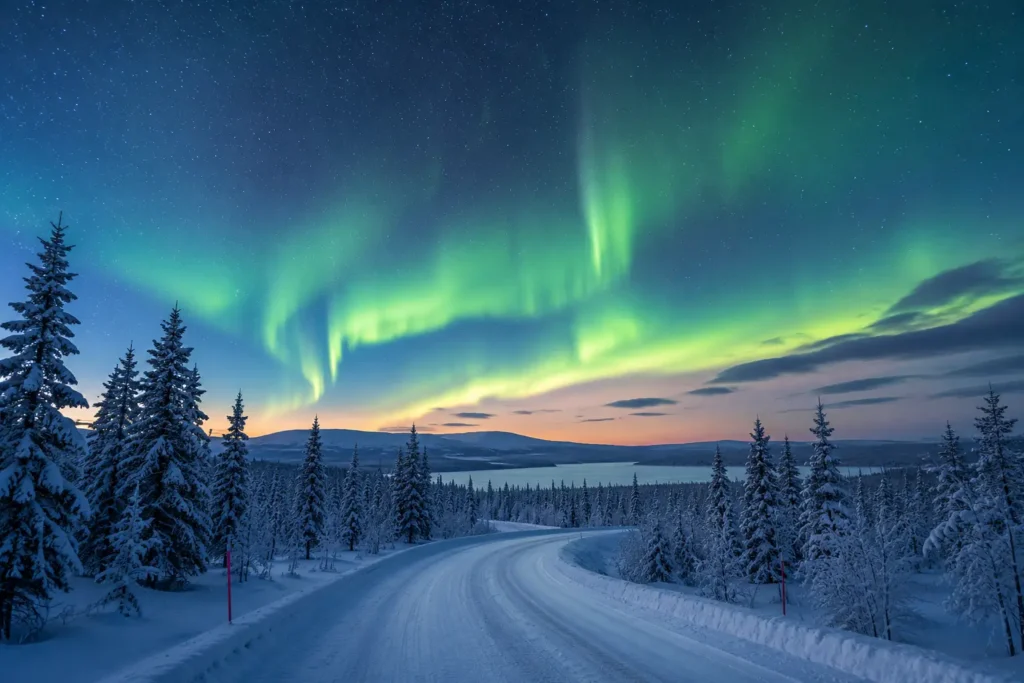 Polarlichter über einer Winterlandschaft in Lappland