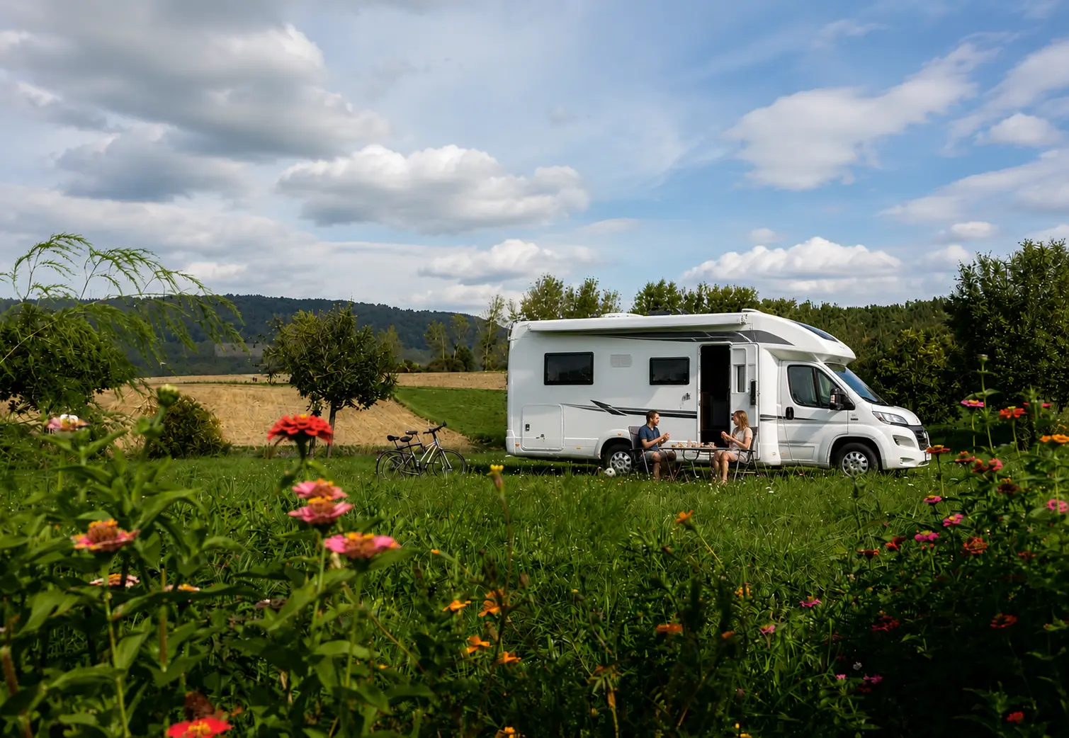 Wohnmobil auf einem Stellplatz neben einer Wiese