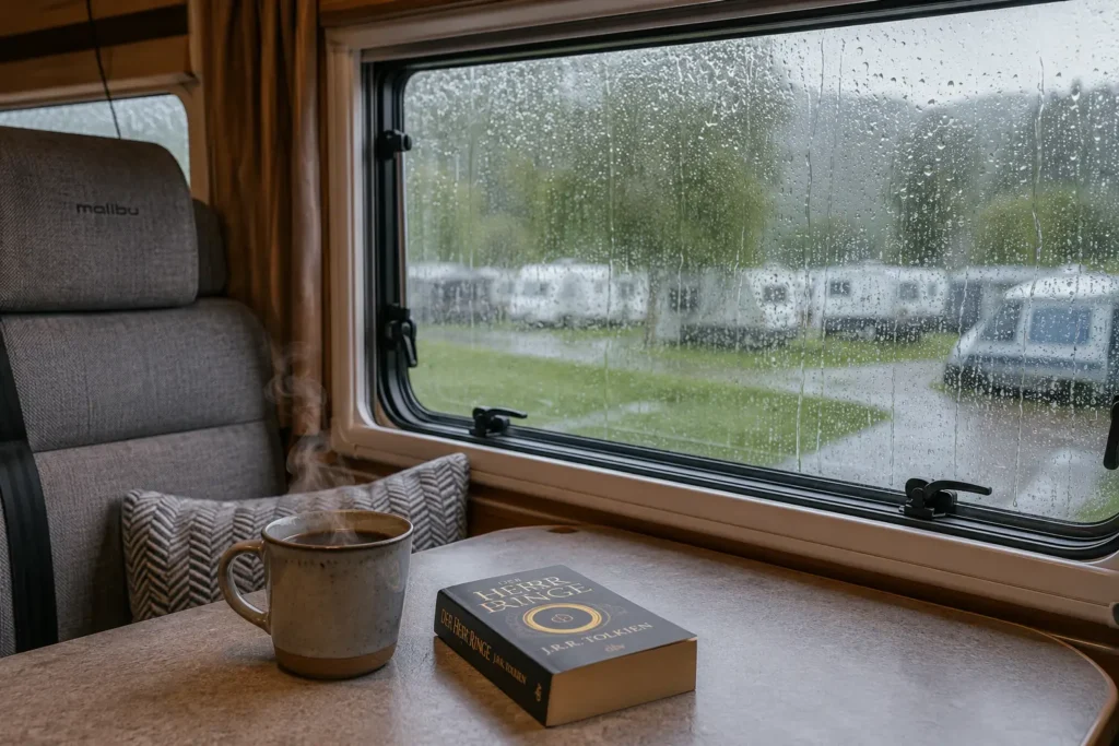 Blick aus dem Wohnmobil während eines Regentages