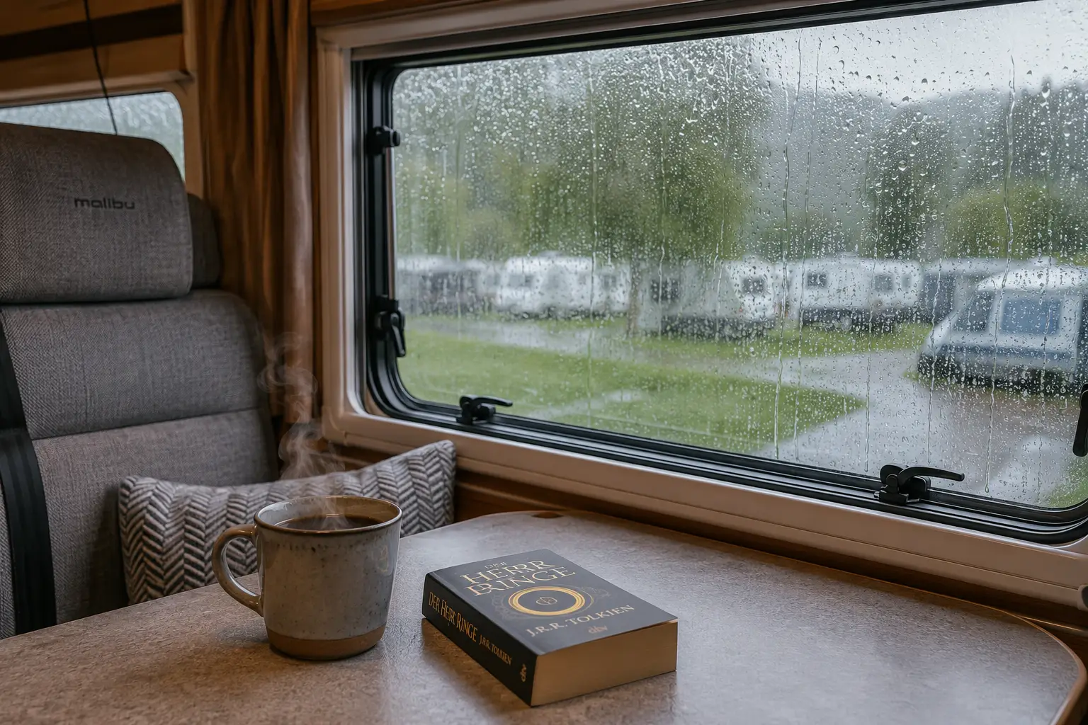 Blick aus dem Wohnmobil während eines Regentages