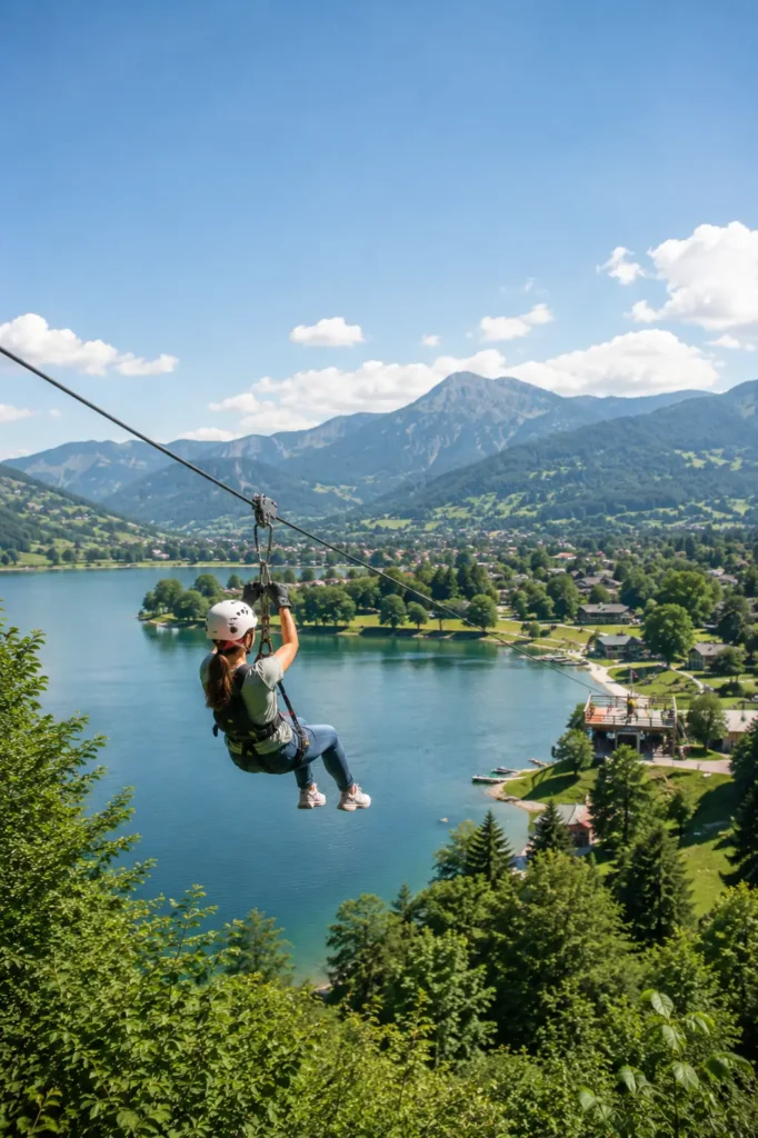 Zipline über einem Bergsee in den Alpen