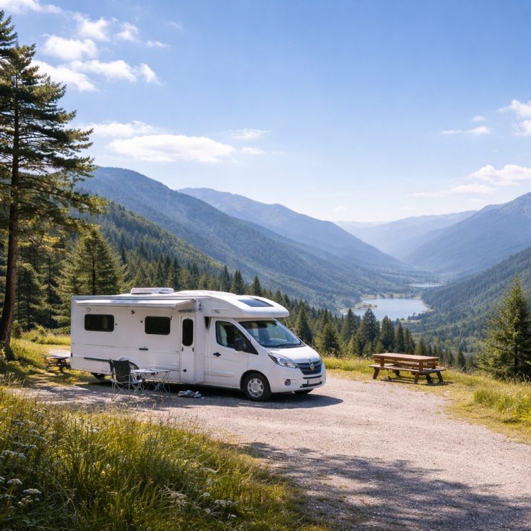 Campingreise durch die Berge – Wohnmobilroute Wohnmobil auf Aussichtspunkt in den Bergen – Beispiel für eine individuell geplante Campingreise mit ruhigen Etappen.