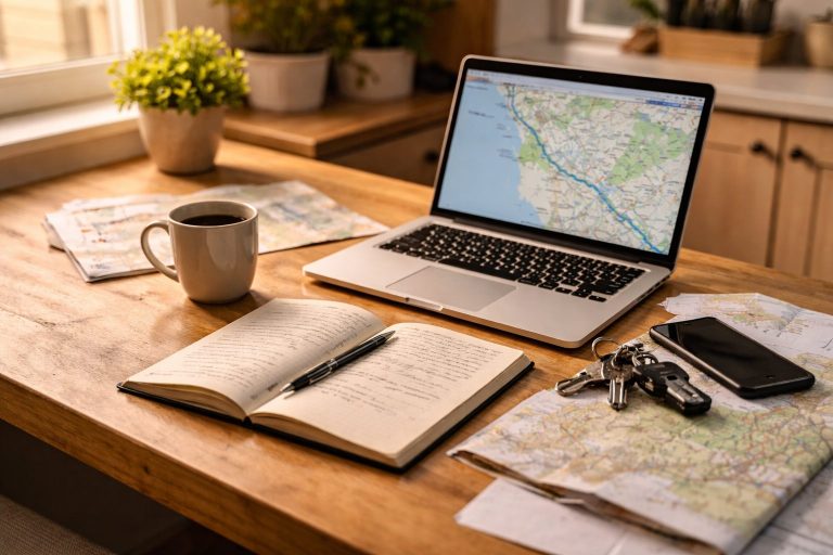 Planung einer Campingreise mit Laptop, Karte und Notizbuch Tisch mit Laptop, Kartenmaterial, Notizbuch und Kaffee. Symbol für individuelle Campingreiseplanung bei Camping Explorer.