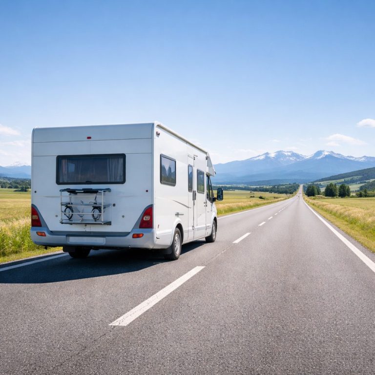 Unterwegs mit dem Wohnmobil – Campingreise durch Europa Wohnmobil auf Landstraße Richtung Berge – Symbol für eine individuell geplante Wohnmobilreise durch Europa.